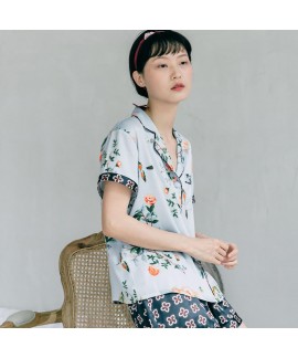 Short sleeve silk like Pajama set printed sexy sleepwear