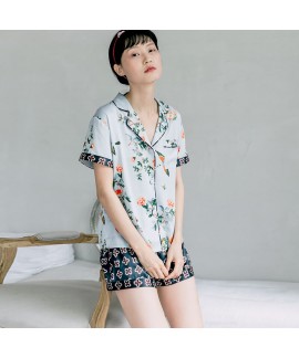 Short sleeve silk like Pajama set printed sexy sle...