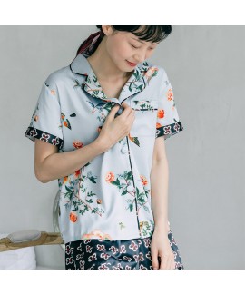 Short sleeve silk like Pajama set printed sexy sleepwear