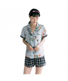 Short sleeve silk like Pajama set printed sexy sleepwear