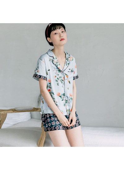 Short sleeve silk like Pajama set printed sexy sleepwear