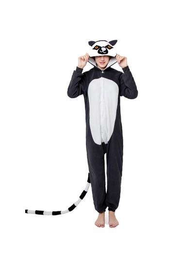 Polar fleece cartoon one piece pajamas long tail monkey lemur couple one piece pajamas