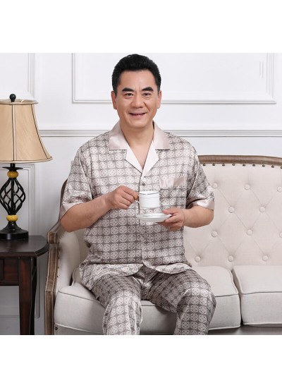 Short sleeve ice silk pajama sets for men large size middle-aged and elderly two piece sleepwear set