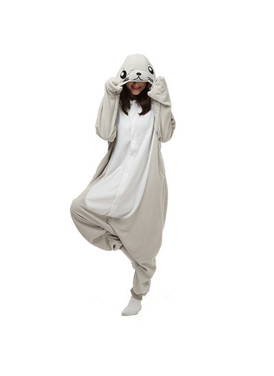 Grey seal and sea lion cartoon one piece pajamas with fleece long sleeve couple pajamas