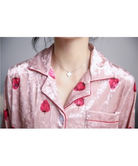 Gold velvet strawberry sleepwear set women's long sleeve Lapel cardigan pajamas