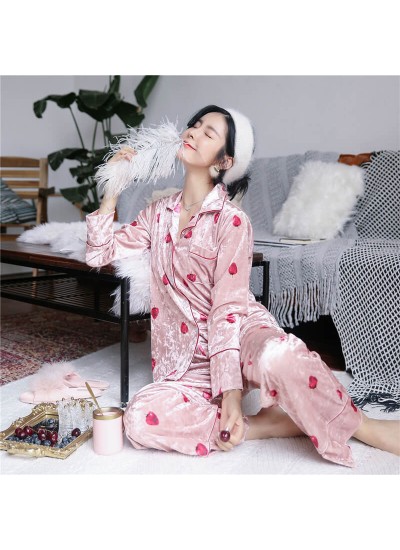 Gold velvet strawberry sleepwear set women's long sleeve Lapel cardigan pajamas
