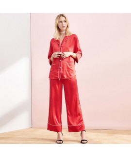 Simulation silk pajama sets single breasted long sleeve long sleepwear