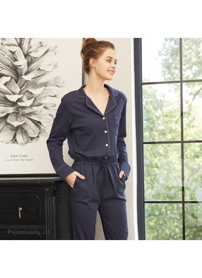 One piece long sleeve women's cotton pajamas can be worn outside