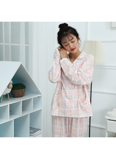 new cotton long sleeve leisure Plaid large size Nightgown sets for Autumn and winter