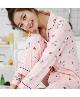 Women's long sleeve cotton pajamas cardigan loose large size two piece sleepwear set