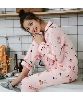 Long sleeve cotton spring and autumn cardigan pajama set cartoon sweet loose two piece sleepwear