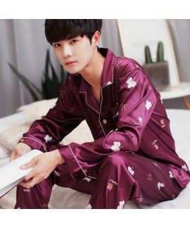 plus size Men's summer thin casual sleepwear long sleeve ice silk pajama sets for male