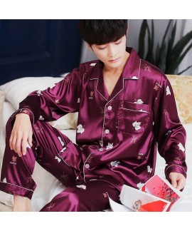 plus size Men's summer thin casual sleepwear long sleeve ice silk pajama sets for male