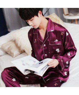 plus size Men's summer thin casual sleepwear long sleeve ice silk pajama sets for male