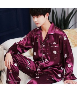 plus size Men's summer thin casual sleepwear long sleeve ice silk pajama sets for male