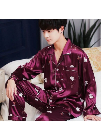 plus size Men's summer thin casual sleepwear long sleeve ice silk pajama sets for male