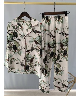 Long sleeve Lapel sleepwear suit women's ice silk printed pajamas