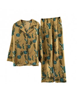 Long sleeve Lapel sleepwear suit women's ice silk printed pajamas