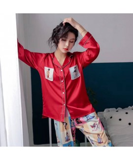 Two pieces V-neck satin sleepwear new pajamas women's ice silk pajama set