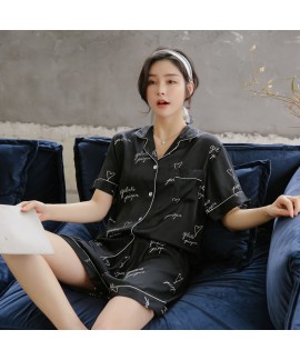 Ice silk short sleeve Lapel pajama set fashion personality simple sleepwear