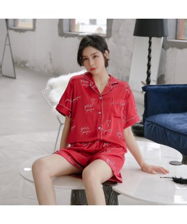 Ice silk short sleeve Lapel pajama set fashion personality simple sleepwear