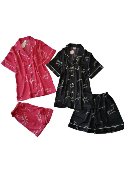 Ice silk short sleeve Lapel pajama set fashion personality simple sleepwear