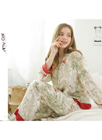 Spring new leisure grass printing pajama set outside wear sleepwear