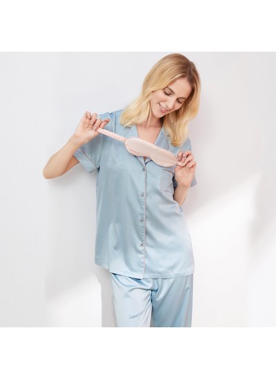 Causual two piece summer pajama set imitating silk sleepwear