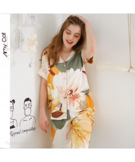 Casual Pajama sets for women V-neck printing short sleeve sleepwear