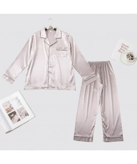 Men's pure color Pajama imitation silk set long sleeve trousers sleepwear sets