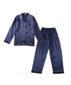 Men's pure color Pajama imitation silk set long sleeve trousers sleepwear sets