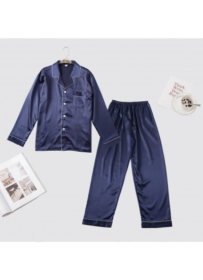 Men's pure color Pajama imitation silk set long sleeve trousers sleepwear sets