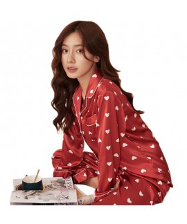 Silk like Pajama suit with Lapel print sexy loose home sleepwear