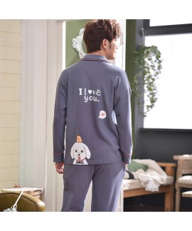Mens long sleeve cotton cardigan pajama sets cartoon dog out wear extra fattening sleepwear