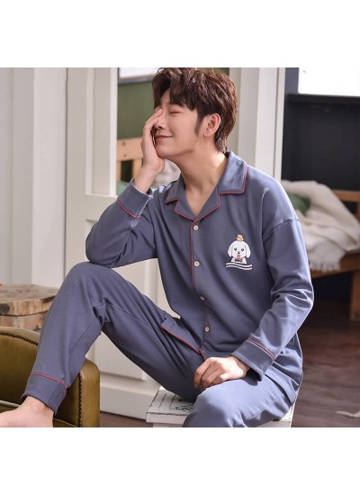 Mens long sleeve cotton cardigan pajama sets cartoon dog out wear extra fattening sleepwear