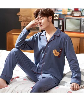 mens pajamas for spring and autumn long sleeve cotton cardigan leisure sleepwear two piece set