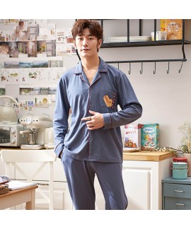 mens pajamas for spring and autumn long sleeve cotton cardigan leisure sleepwear two piece set