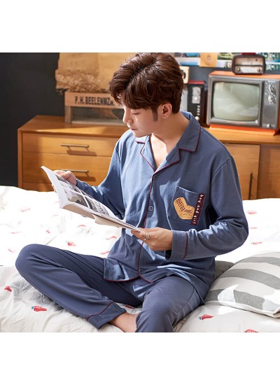 mens pajamas for spring and autumn long sleeve cotton cardigan leisure sleepwear two piece set