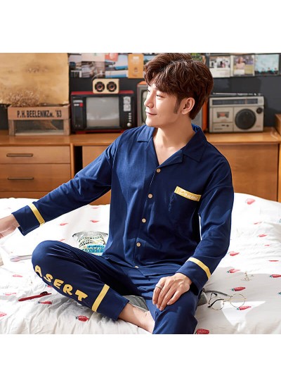 Plus size Mens pajamas in spring and autumn two piece set sleepwear