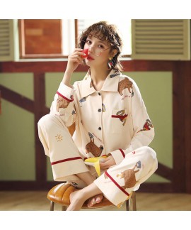 Autumn and winter pajamas women's combed cotton long sleeve cardigan sleepwear