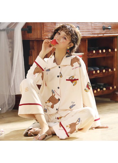 Autumn and winter pajamas women's combed cotton long sleeve cardigan sleepwear