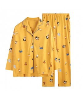 Combed cotton long sleeve Pajama women's 2019 casual cardigan sweet women sleepwear