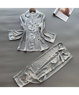 women's spring and autumn sleepwear long sleeves ice silk pajamas set sexy printed ice silk nightgown
