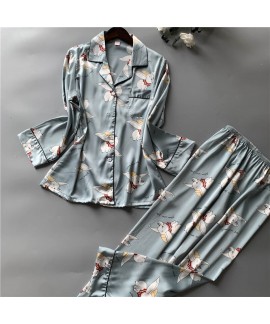 women's spring and autumn sleepwear long sleeves ice silk pajamas set sexy printed ice silk nightgown
