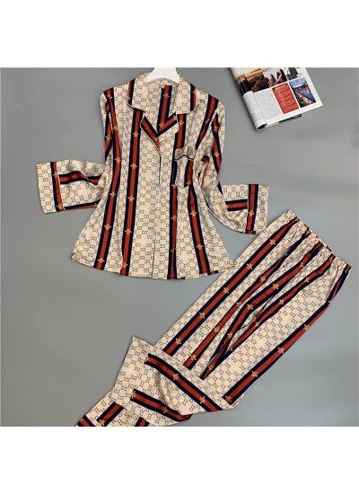 women's spring and autumn sleepwear long sleeves ice silk pajamas set sexy printed ice silk nightgown