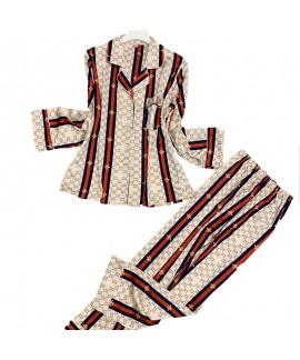 Spring and autumn ins style long sleeve silk like Pajama set printed ice silk sleepwear