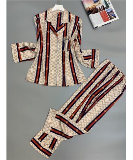 Spring and autumn ins style long sleeve silk like Pajama set printed ice silk sleepwear