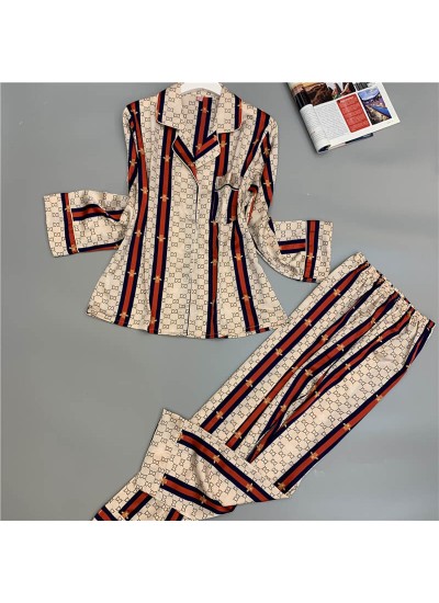 Spring and autumn ins style long sleeve silk like Pajama set printed ice silk sleepwear