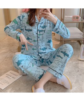 Long sleeve women's pure cotton pajamas for spring and autumn cartoon cute loose two piece sleepwear set