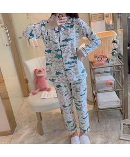 Long sleeve women's pure cotton pajamas for spring and autumn cartoon cute loose two piece sleepwear set